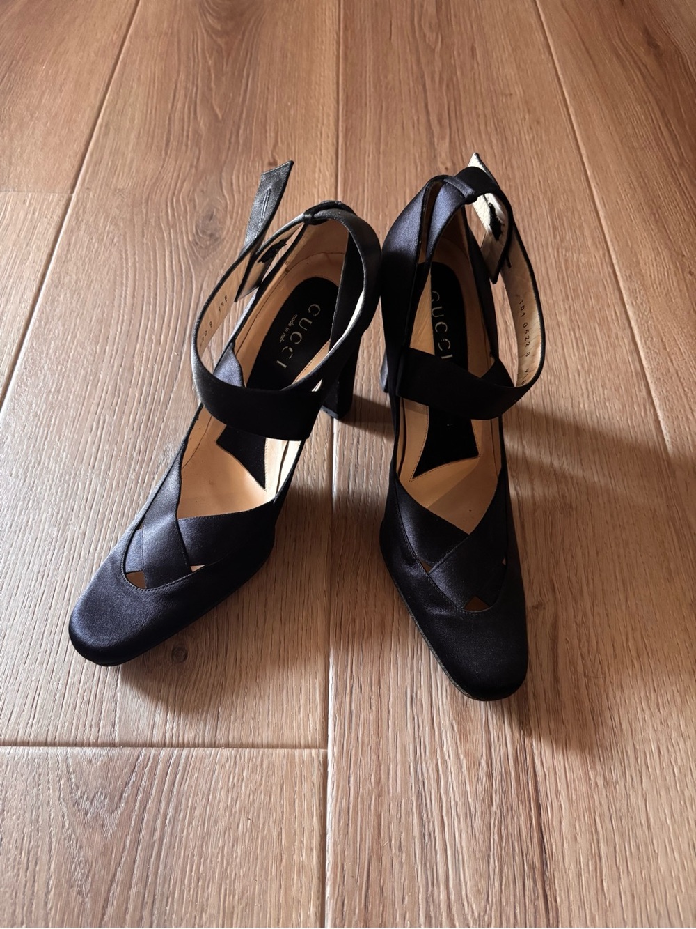 Gucci Black Satin Crisscross Ankle-Strap Heels